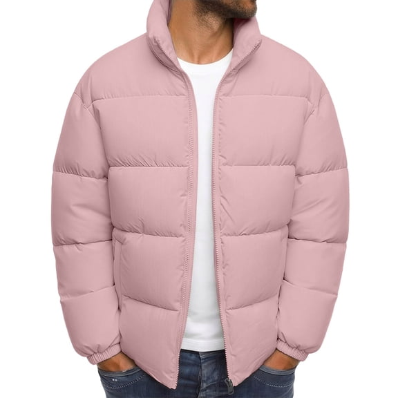 Guluxicc Solid Puffer Jackets for Men Warm Loose Full Zipper Stand Collar Long Sleeve Quilted Jackets with Pockets Fall Winter Outerwear