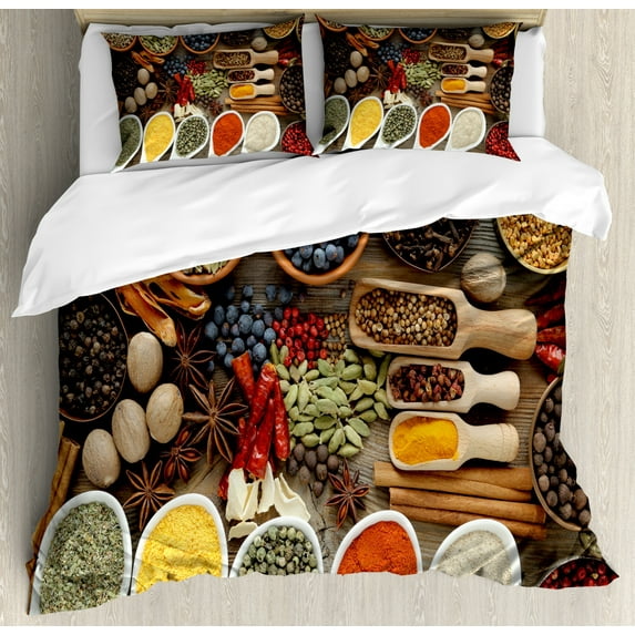 Spice Duvet Cover Set Queen Size, Traditional Additives Placed into Bowls and Spoons Vivid Tones and Scents Diversity, Decorative 3 Piece Bedding Set with 2 Pillow Shams, Multicolor, by Ambesonne