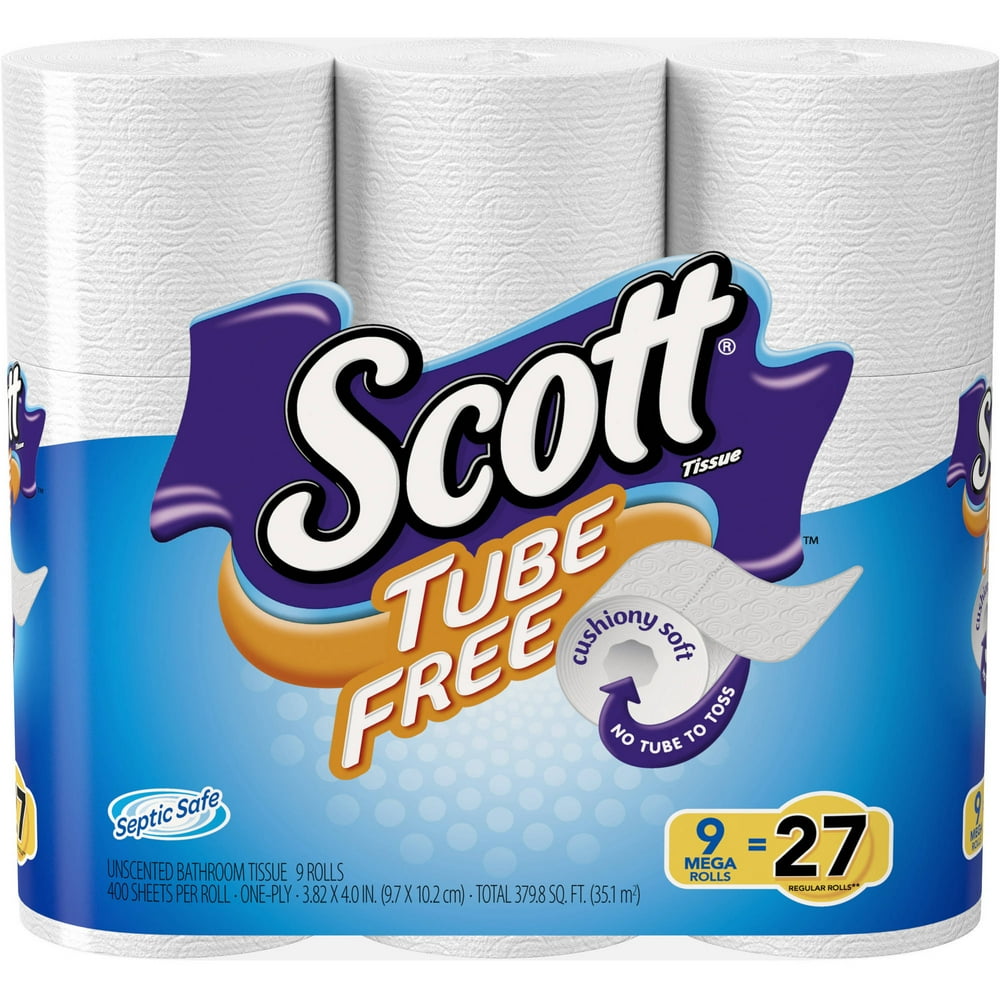 Scott Tube Free Toilet Paper, 9 Mega Rolls (= 36 Regular Rolls