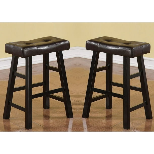 Set of 2 Espresso Faux Leather Solid Wood 24”H Saddle Counter Height