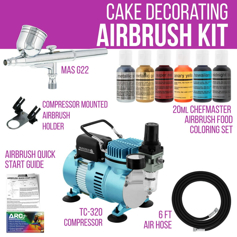 PointZero Cake Airbrush Decorating Kit - 3 Airbrushes, Compressor, and 12  Chefmaster Colors - Point Zero Airbrush
