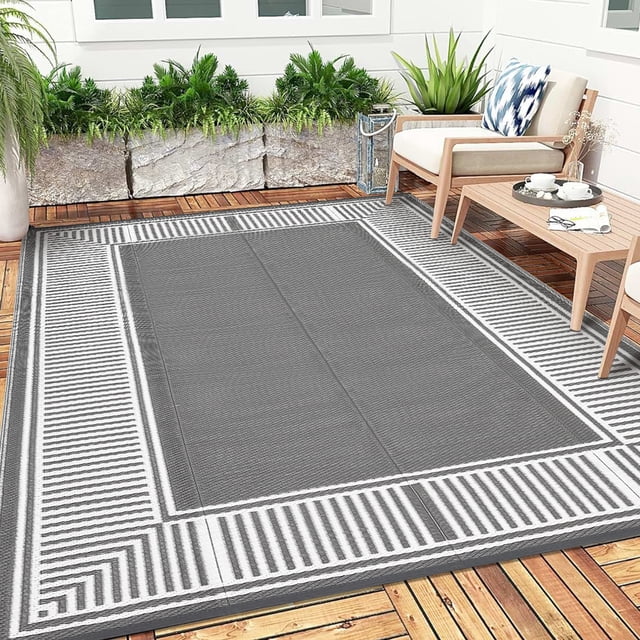 Outdoor Area Rug – striped Bordered Plastic Woven – Easy Clean & UV Resistant – Patio, Backyard & Camping