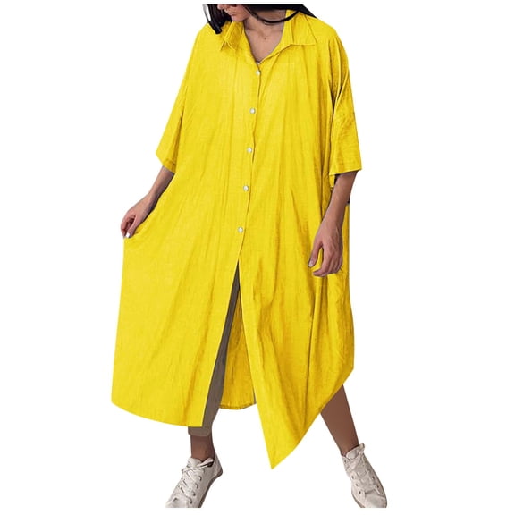 BUIGTTKLOP Cotton Linen Summer Dresses for Women Button down Shirt Dress Short Sleeve Tunic Shirts Long Beach Cover ups Dresses
