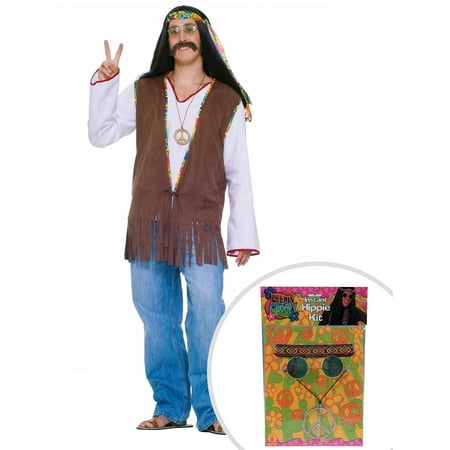 60s Hippie Costume Kit Adult Standard Vest With Feelin' Groovy Accessory Package