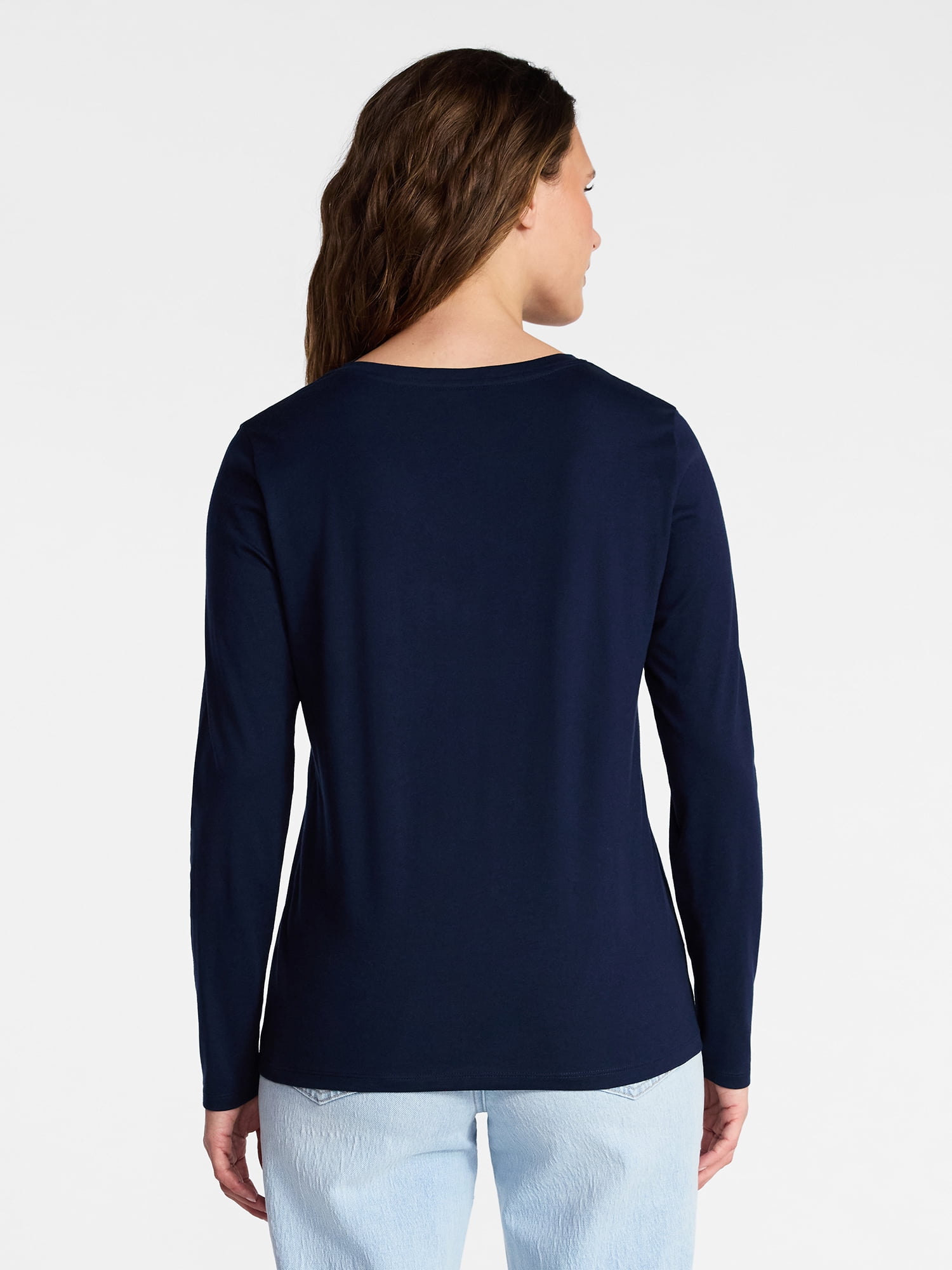 Time and Tru Women's Cotton V-Neck Tee with Long Sleeves, Sizes XS-XXXL