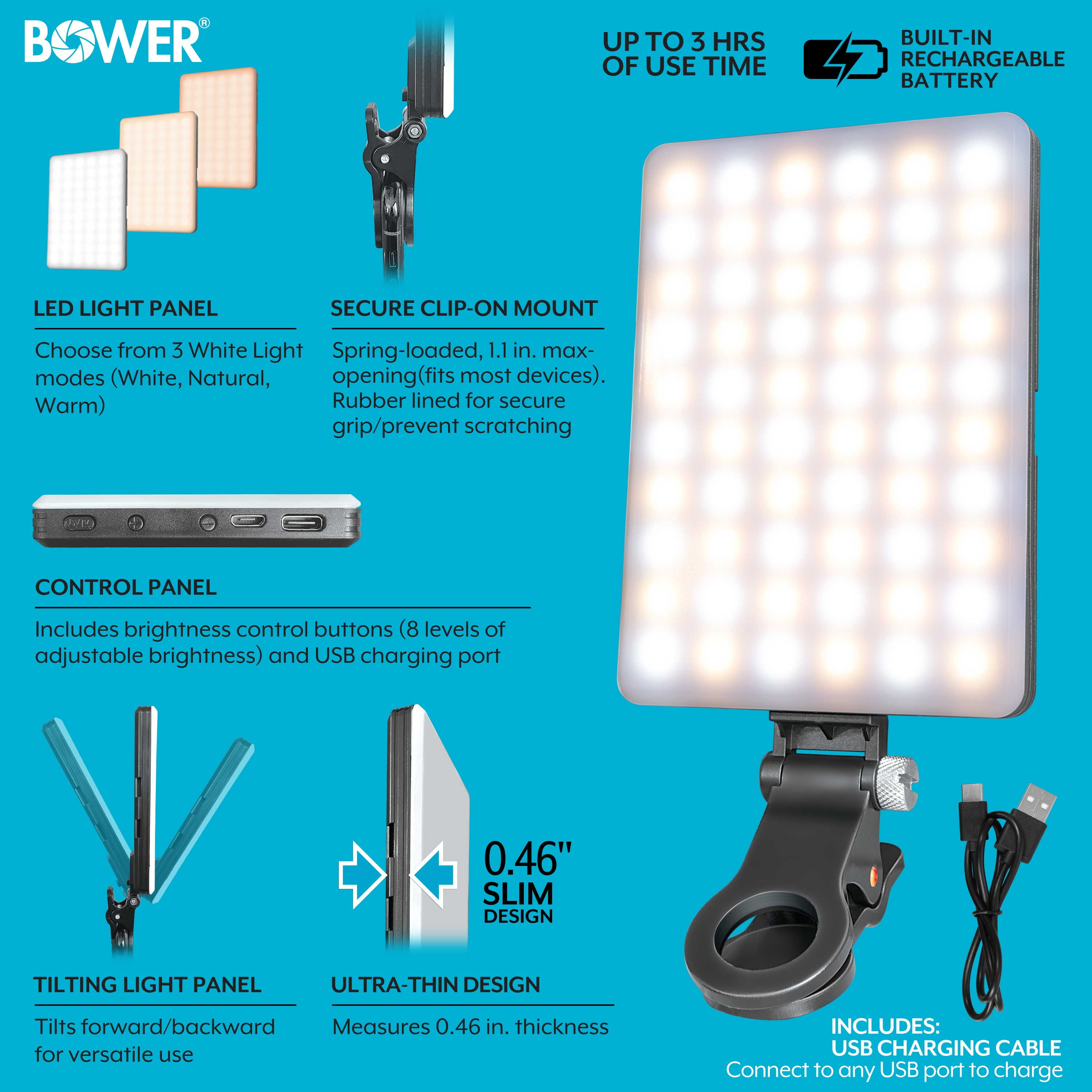 Bower Clip-on Snap Light for Streaming, Selfies & Remote Work - USB-C, 8-Level Brightness, Black