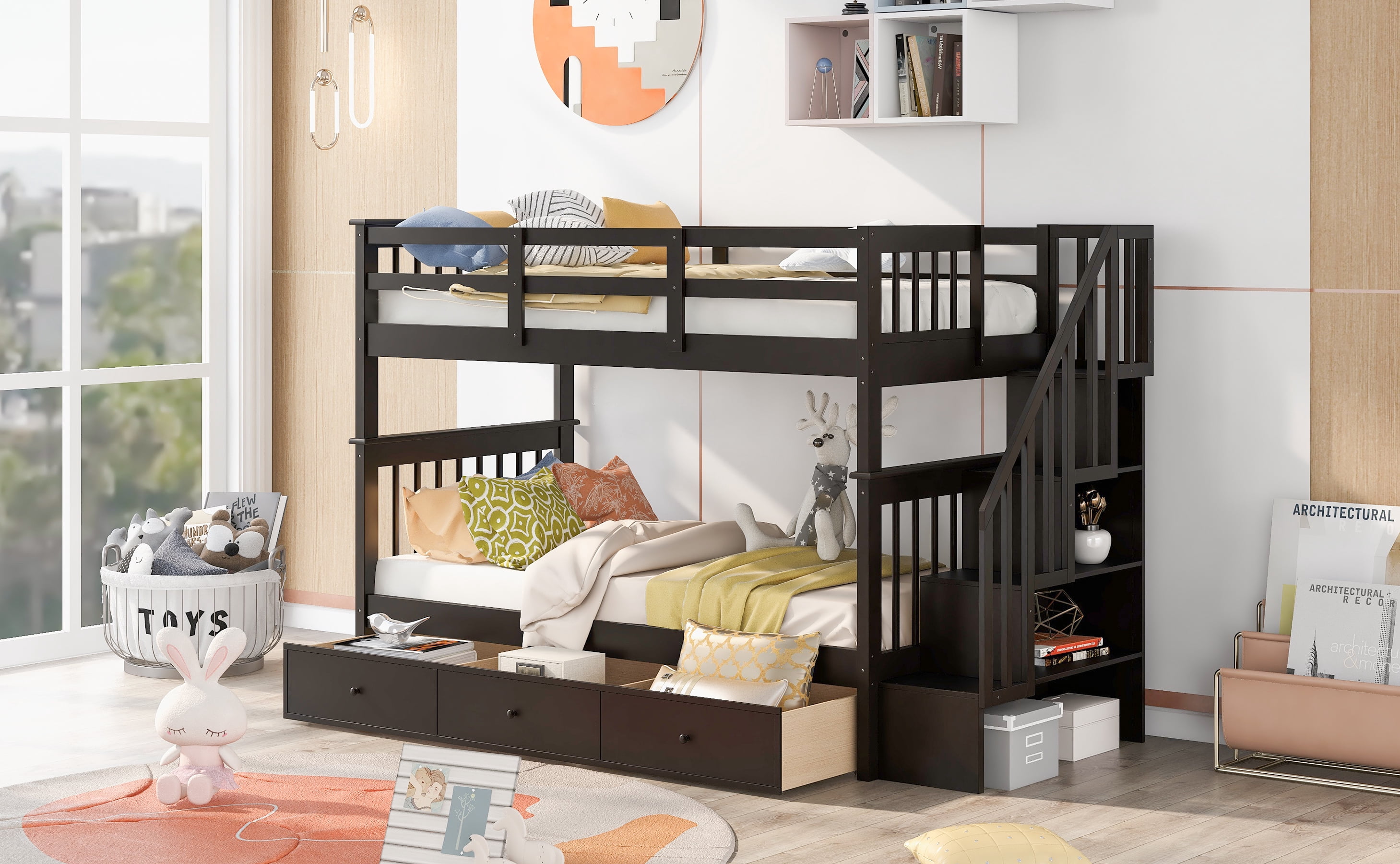 Mintazer Twin Over Twin Bunk Bed with Staircase & 3 Drawers, Kids Bunk Bed with Storage for Bedroom Guest Room, Espresso