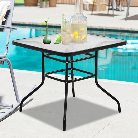 YYEAN Glass Patio Table with 1.57" Umbrella Hole, 32 Inch Square Outdoor Bistro Dining Table with Tempered Glass Top & Sturdy Steel Frame for Poolside Yard Lawn Balcony