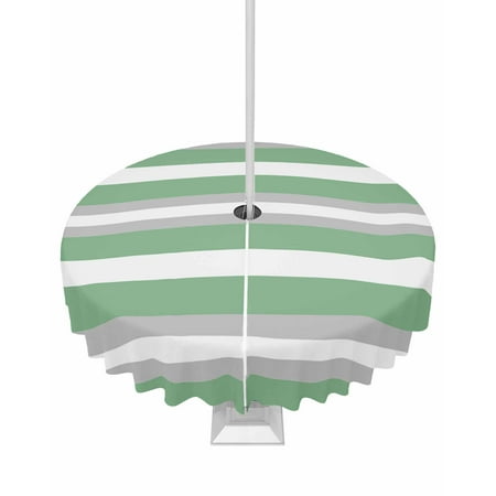 

Lsrtoss Outdoor Tablecloth with Umbrella Hole & Zipper Green Grey Stripe Round Tablecloth 60 Inch Minimalist Farmhouse Striped Patio Table Cover Waterproof Table Cloth for Picnic/Party