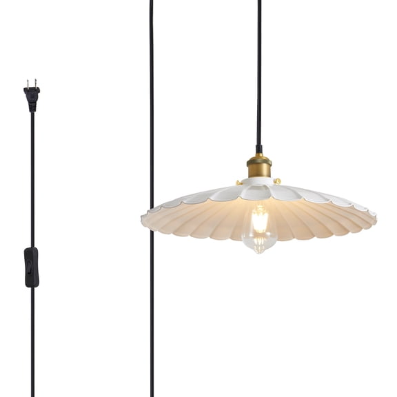 Oyisen Plug in Pendant Light 13.8 Inch Round Metal Shade Vintage White Pendant Light for Kitchen Island 14Ft Adjustable Dome Industrial Hanging Lamp Living Room