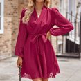 thumbnail image 2 of safuny Women's Mini A Line Dress Solid Holiday Long Sleeve V Neck Elegant Cocktail Wedding Evening Party Trendy Dresses Wine M, 2 of 9
