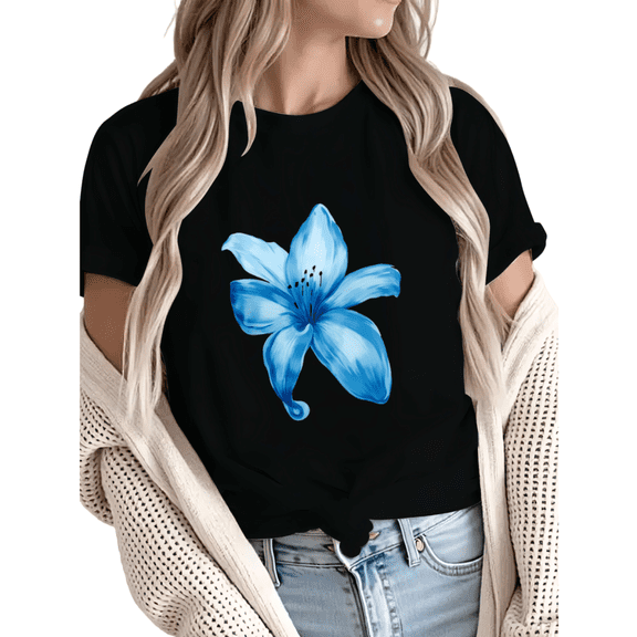 Giffimy Women's Watercolor Blue Lily Floral Graphic Short Sleeve T-Shirt Breathable Cotton Crewneck Top