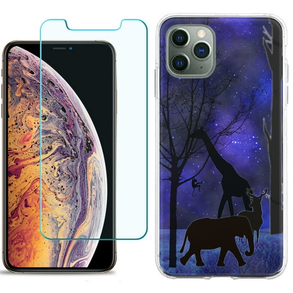 For Apple iPhone 11 Pro Case , Slim-Fit TPU Protective Phone Case with Tempered Glass Screen Protector, by OneToughShield ® - Midnight Safari