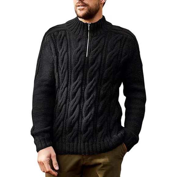 TIMIFIS Black Mens Mock Turtleneck Sweater Quater Zipper Knitwear Stretchy Long Sleeve Solid Color Cable Knit Soft Pullover Comfy Undershirts Fashion Fall Winter Tops