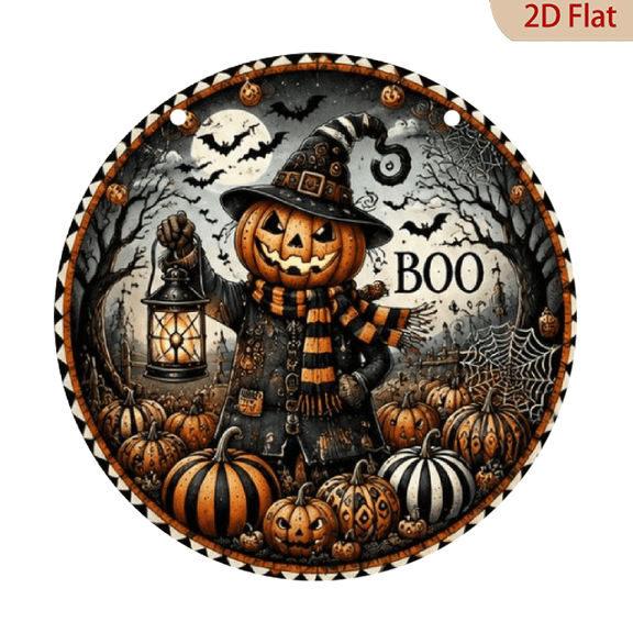8x8 Round Aluminum Metal Halloween Pumpkin Sign - Spooky Boo Decor for Home, Cafe, Apartment Dining Room Wall Art - Perfect Holiday Gift for Friends and Family