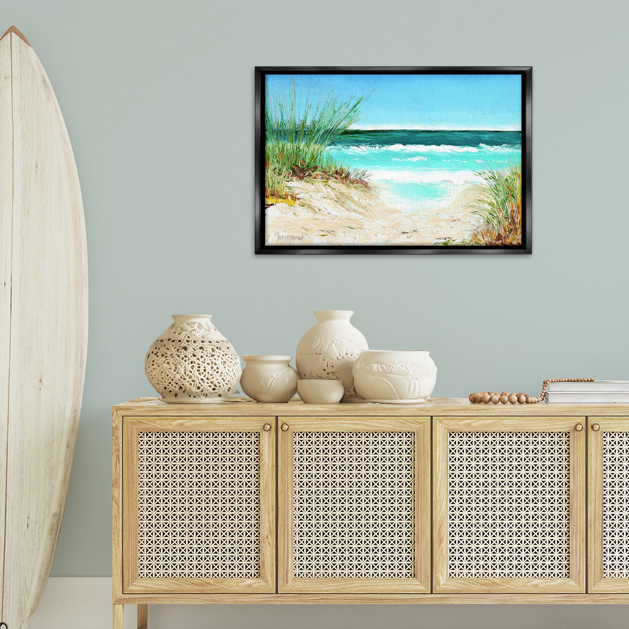 Stupell Industries Tropical Beach View Landscape & Nature Painting Black Floater Framed Canvas Art Print Wall Art, 31 x 21
