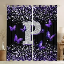 Feelyou Fashion Monogrammed P Blackout Curtains Set of 2 (52x84 Each), Bling Butterfly Animal Window Curtains, Black Purple Sequin Print Curtains and Drapes, Curtains and Drapes Decor