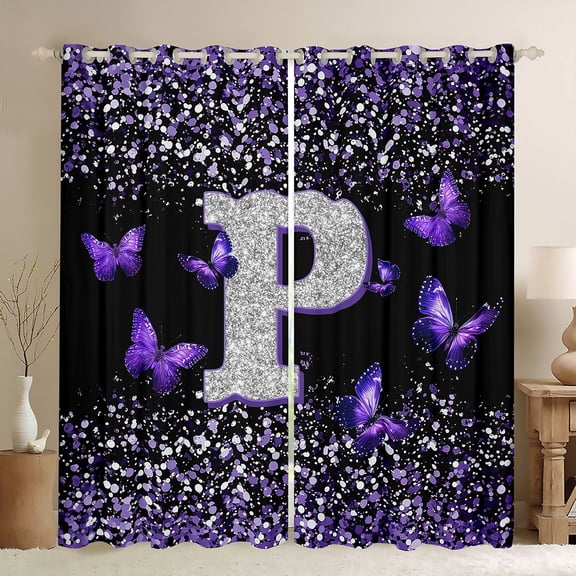 Feelyou Fashion Monogrammed P Blackout Curtains Set of 2 (52x84 Each), Bling Butterfly Animal Window Curtains, Black Purple Sequin Print Curtains and Drapes, Curtains and Drapes Decor