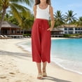 thumbnail image 5 of Girls' Solid Color Cotton Linen Casual Pants,Elastic Drawstring Waist 3/4 Length Capri with Pockets,Loose Fit for Daily Wear, School, Summer Activities,Breathable and Comfortable - Watermelon Red, 5 of 9