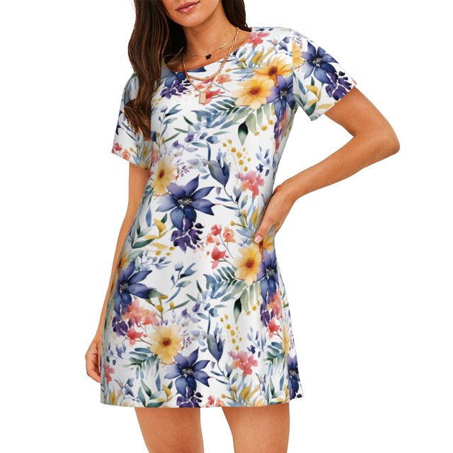 Disketp Lilies Flowers para Camisón Corto de Manga Corta para Mujeres, Camisón Cómodo con Escote Redondo, Bonito y Confortable