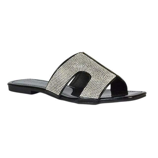 XY London Sandales Plates à Enfiler pour Femmes Jamie en Strass Vernis