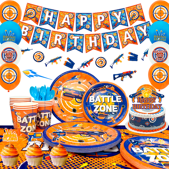 162Pcs Dart War Themed Party Decor & Tableware Set, Including Happy Birthday Banner, Plates, Cups, Napkins, Tablecloth, Cake Decor and Balloons, Perfect for Dart War Party Supplies.