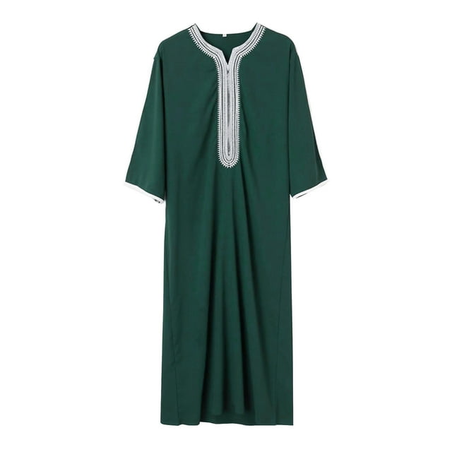 XDZJLR Mens T Shirts Arab Long Sleeve Embroidered Thobe Traditional Middle Robe for Muslim Wear Elegant Dress Long Robe With Pockets Tops
