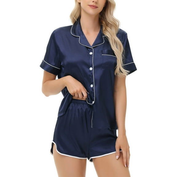 Maplenight Silk Pajama Sets for Women 2 Piece Striped Button Down Loungewear Pjs Set Summer Short Sleeve Sleepwear