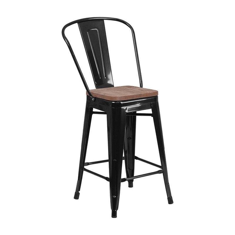 Offex 24" High Bistro Style Black Metal Counter Height Stool with Back