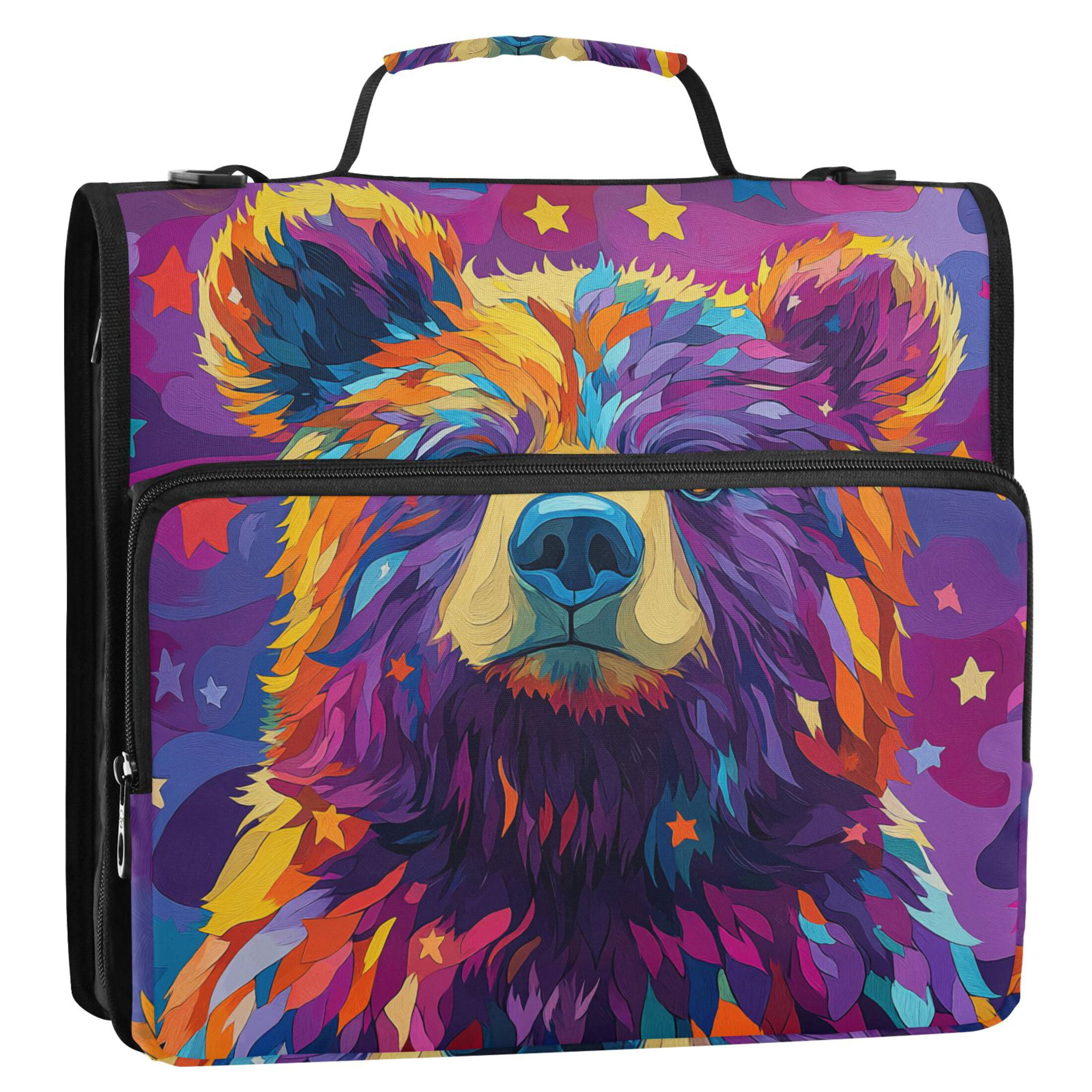 3 Ring Zipper Binder with Shoulder Strap Waterproof Trapper Keeper 2 Inch D-Ring 500 Sheets Capacity Colorful Bear and Star