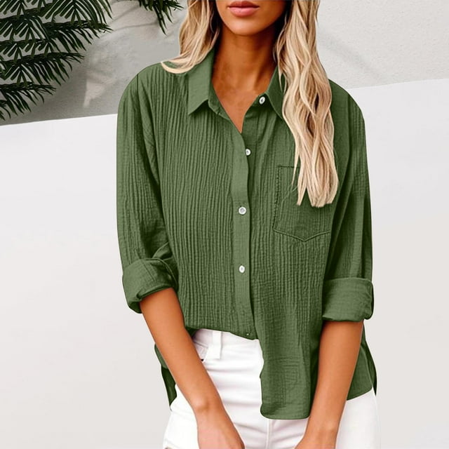 Soki Womens Button Down Textured Shirts Long Sleeve Solid Trendy Collared Blouses Tops with Pockets