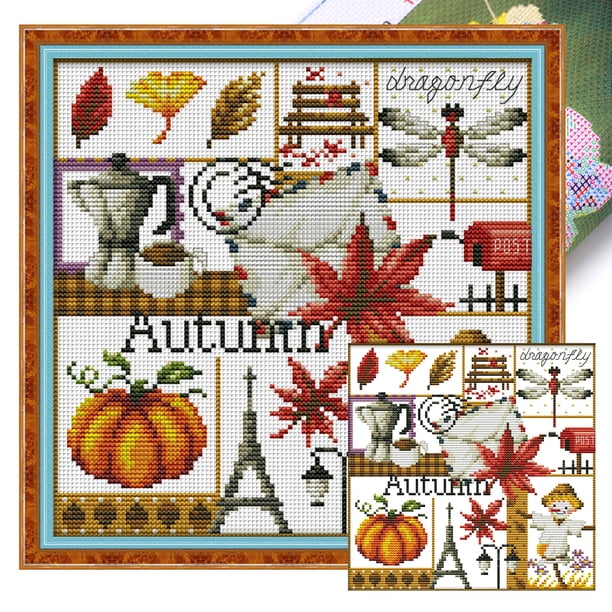 (K942) Hilo Algodón Ecológico Bordado No Manchú 11CT 3 Hebras Impresión 34*34cm Kit Serie Paisaje Punto Cruz Otoño Las Estaciones (borde Gancho)