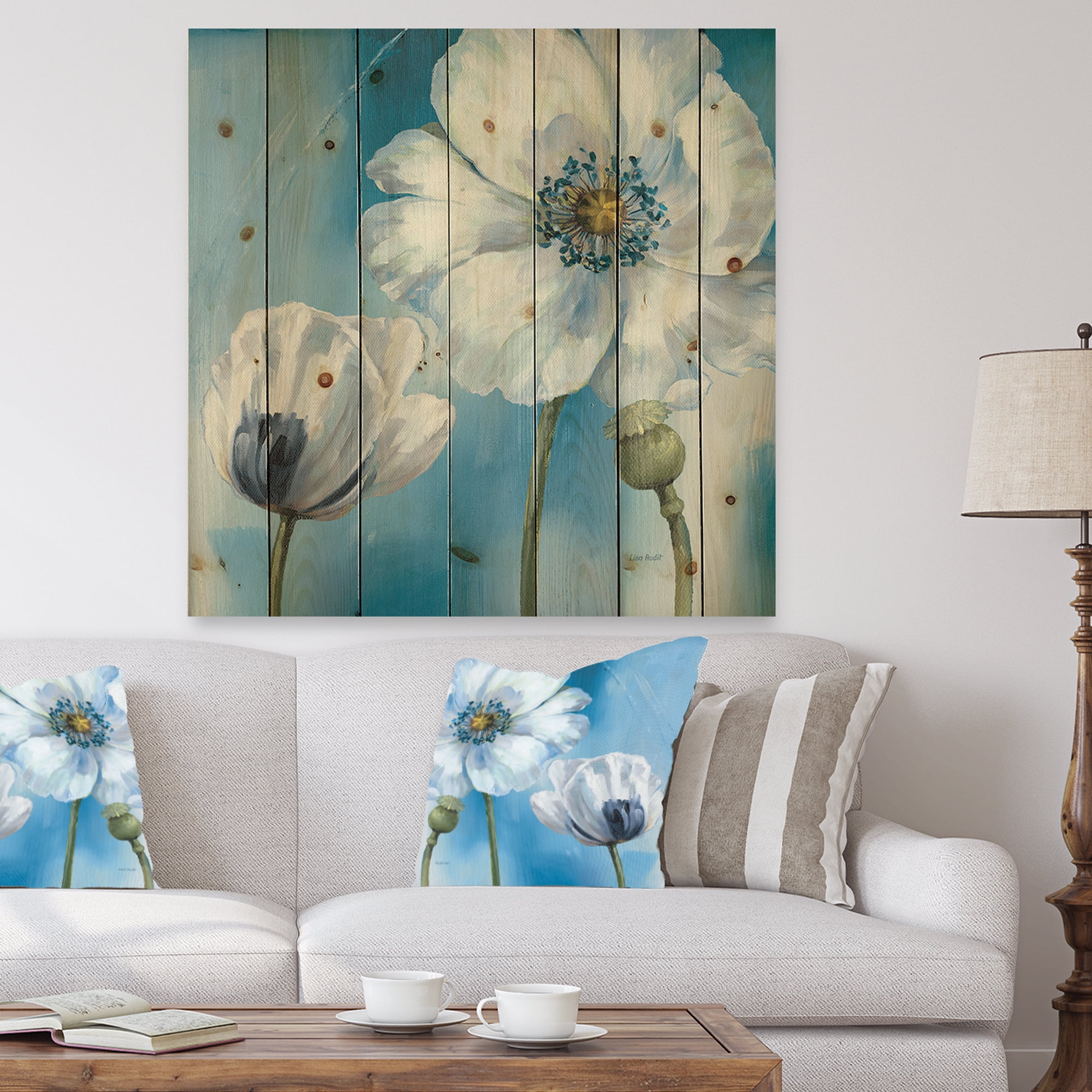 Designart 'Close Up White Flower on Blue I' Farmhouse Print on Natural Pine Wood