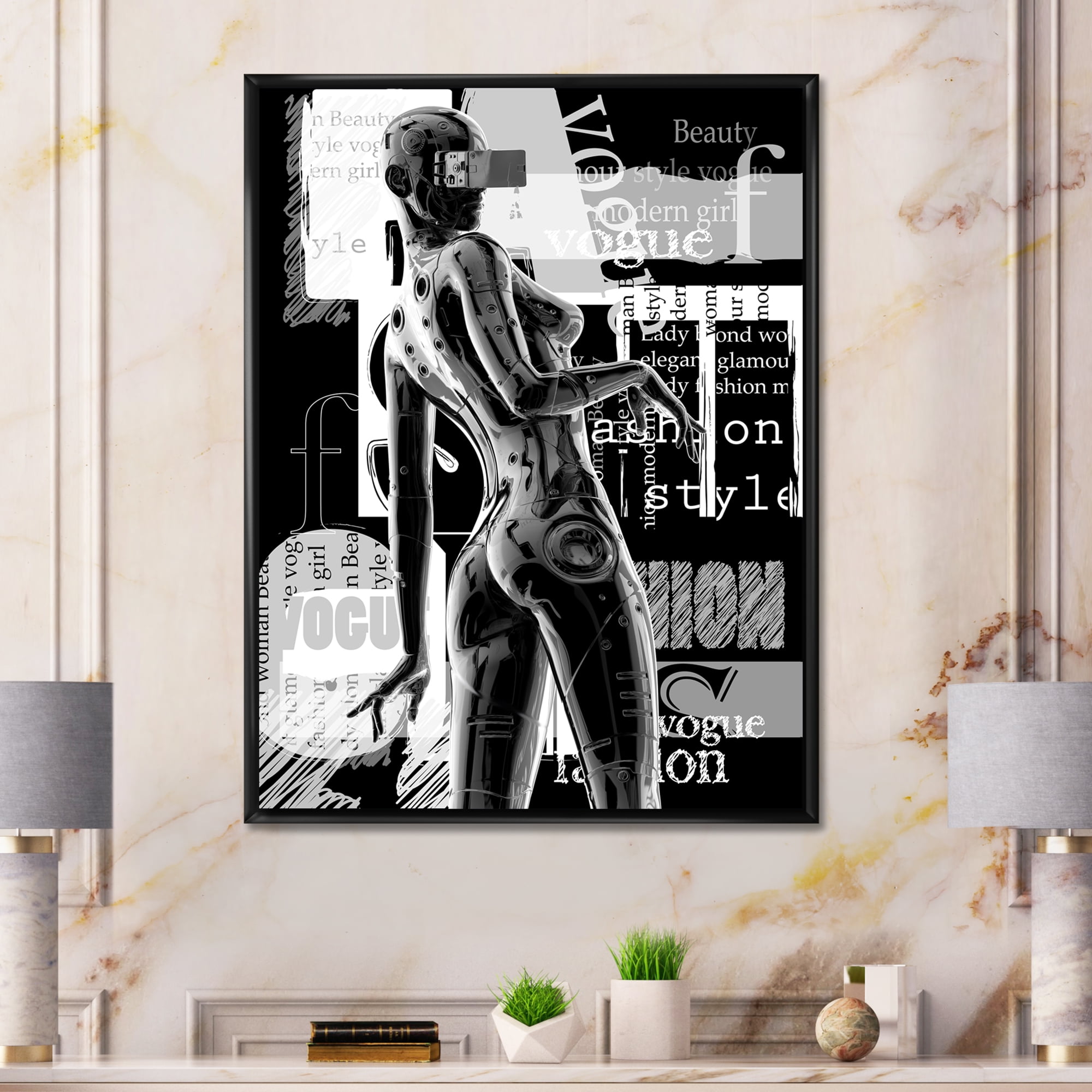 Designart 'Black and White Cyborg Body I' Modern Framed Canvas Wall Art Print