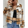 thumbnail image 2 of Lentta Women's Fashion Cropped Flannel Wool Blend Plaid Shacket Long Sleeve Button Down Jackets Coat (Brown-S), 2 of 5