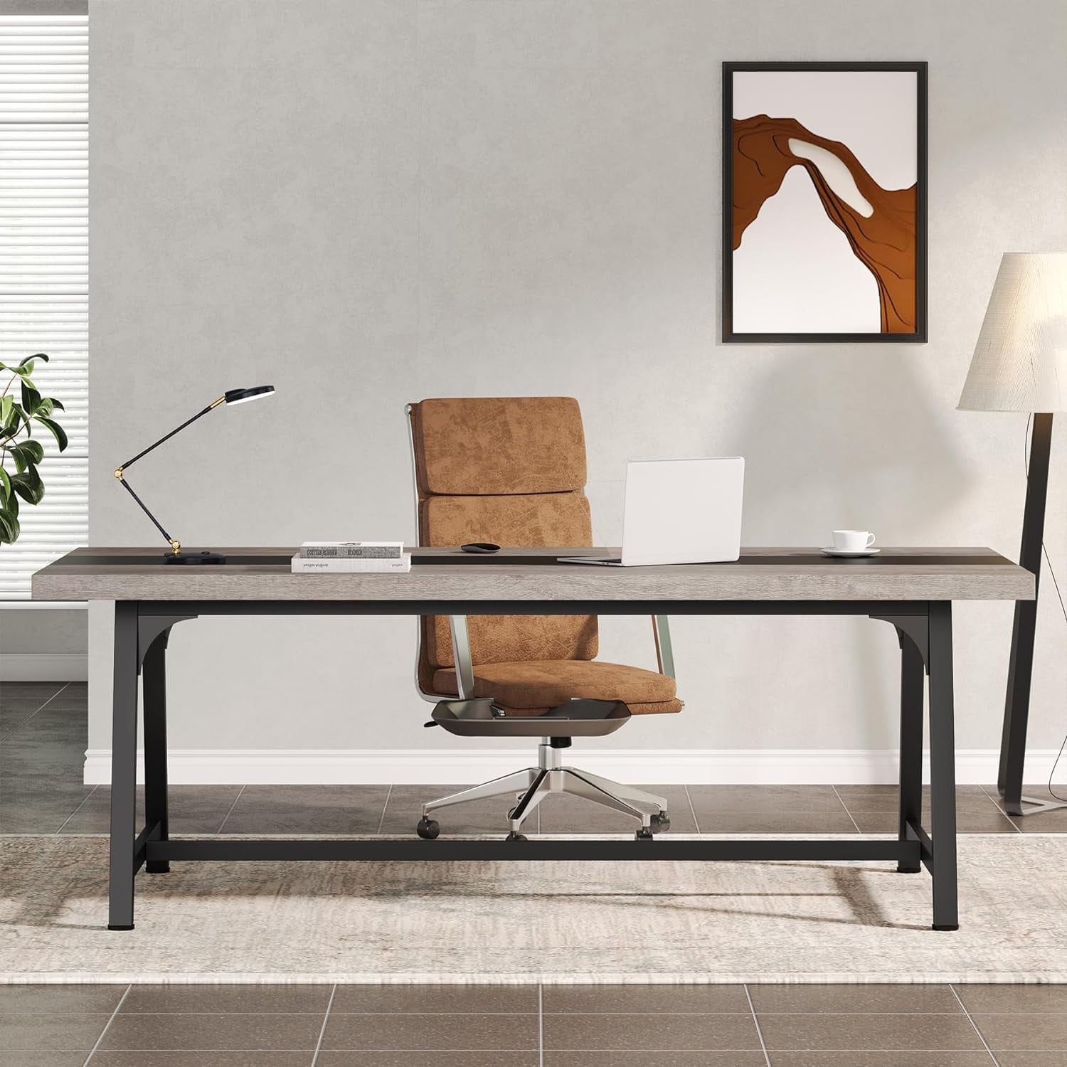 Finmind Executive Office Desk, Large Workspace, Modern Adult Writing Table, 70.87" L x 33.46" W x 29.92" H (Grey & Black)