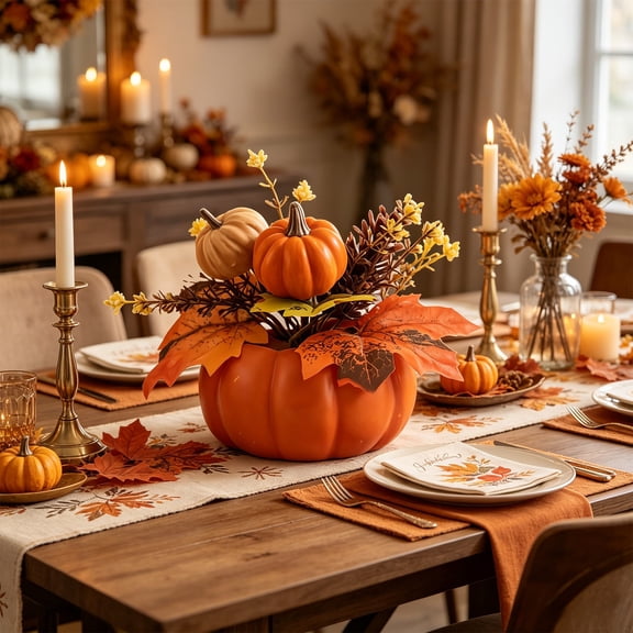 Mini Artificial Pumpkin Floral Arrangement Fall Thanksgiving Tabletop Decor, 6.50x4.33 Inch Plastic Brown Centerpiece for Home Dining Table Decor