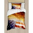 thumbnail image 3 of American Flag Duvet Cover Set King Size, Flag in front of Sunset Sky with Horizon America Union Idyllic Photograph, Decorative 3 Piece Bedding Set with 2 Pillow Shams, Multicolor, by Ambesonne, 3 of 3