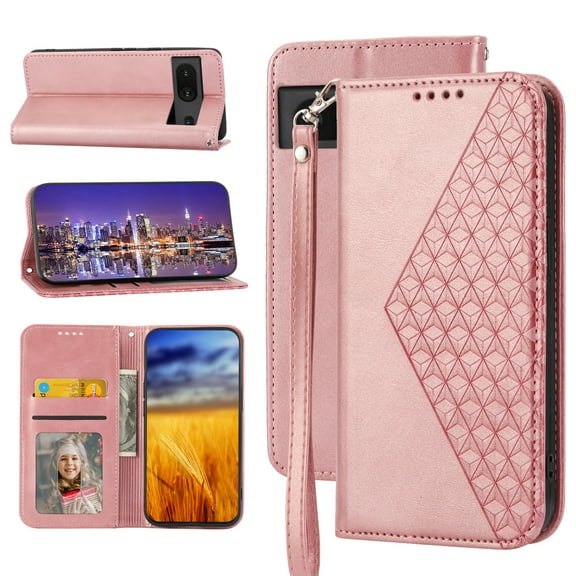 Feishell Compatible with Google Pixel 6a Slim Wallet Case with ID Credit Card Slots & Wrist Strap,Shockproof PU Leather Magnetic Closure Folio Flip Kickstand Protective Phone Cover,Rosegold