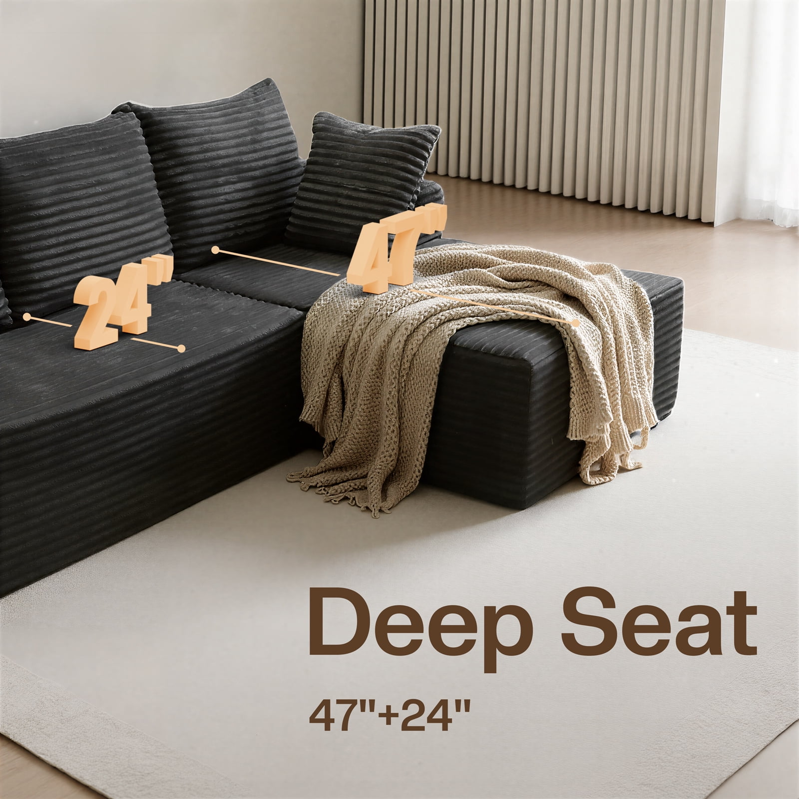 Kelyda 96" Modular L-Shaped Cloud Sofa, Plush Boneless Sectional with Deep Seats Chaise Corduroy Fabric, Grey