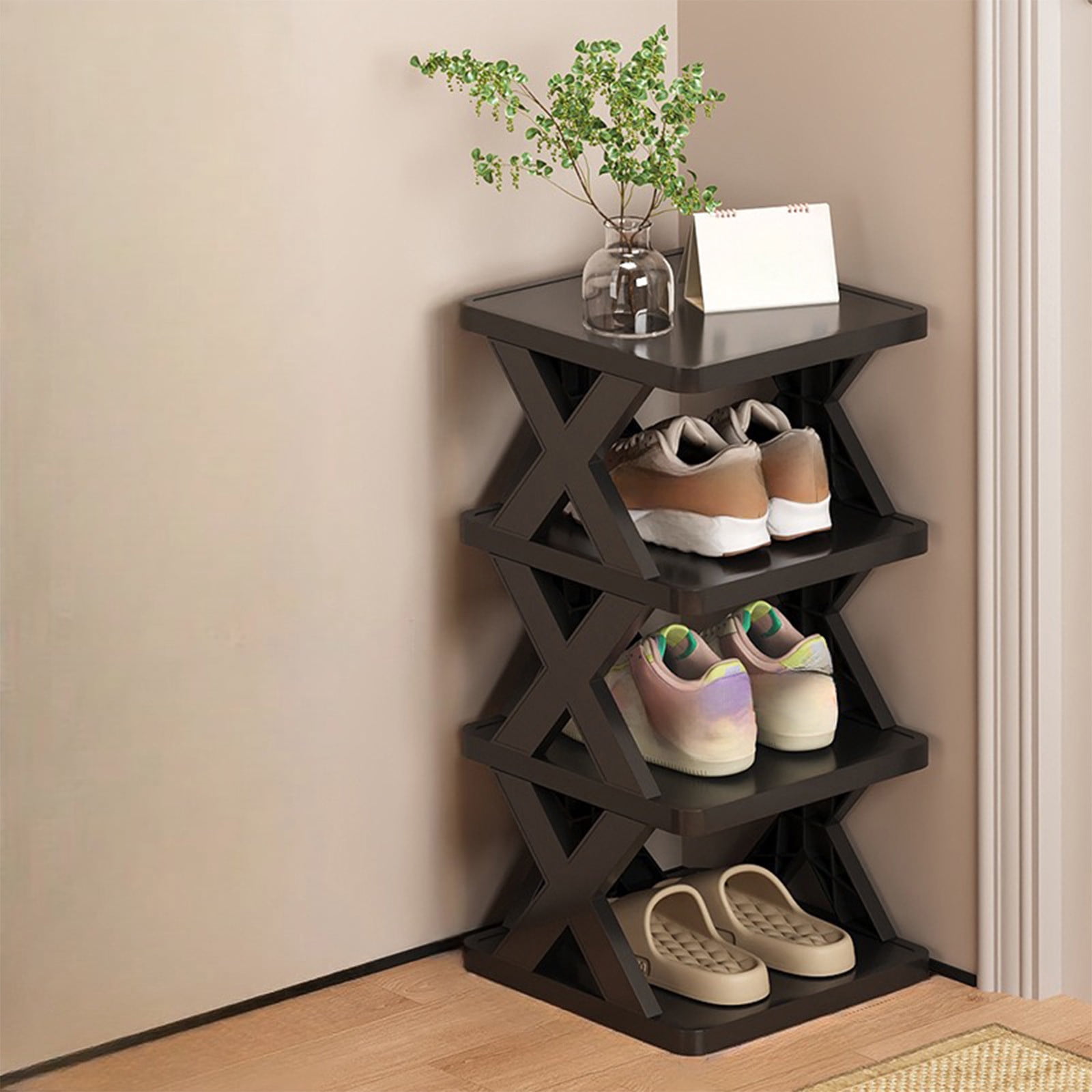Oggfader 4 Tier Folding Shoe Rack, Black Plastic No Assembly Shoe Storage, Space Saving Organizer for Home, Dorm, Entryway