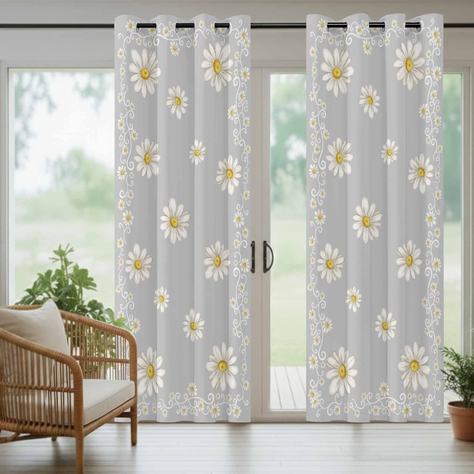 Grey Daisy Flower Outdoor Curtains for Patio, Farmhouse Floral Summer Country Sunshade Privacy Drapes Grommet Waterproof Outside Curtains for Porch/Cabana/Balcony 54"x 108", 1 Panel