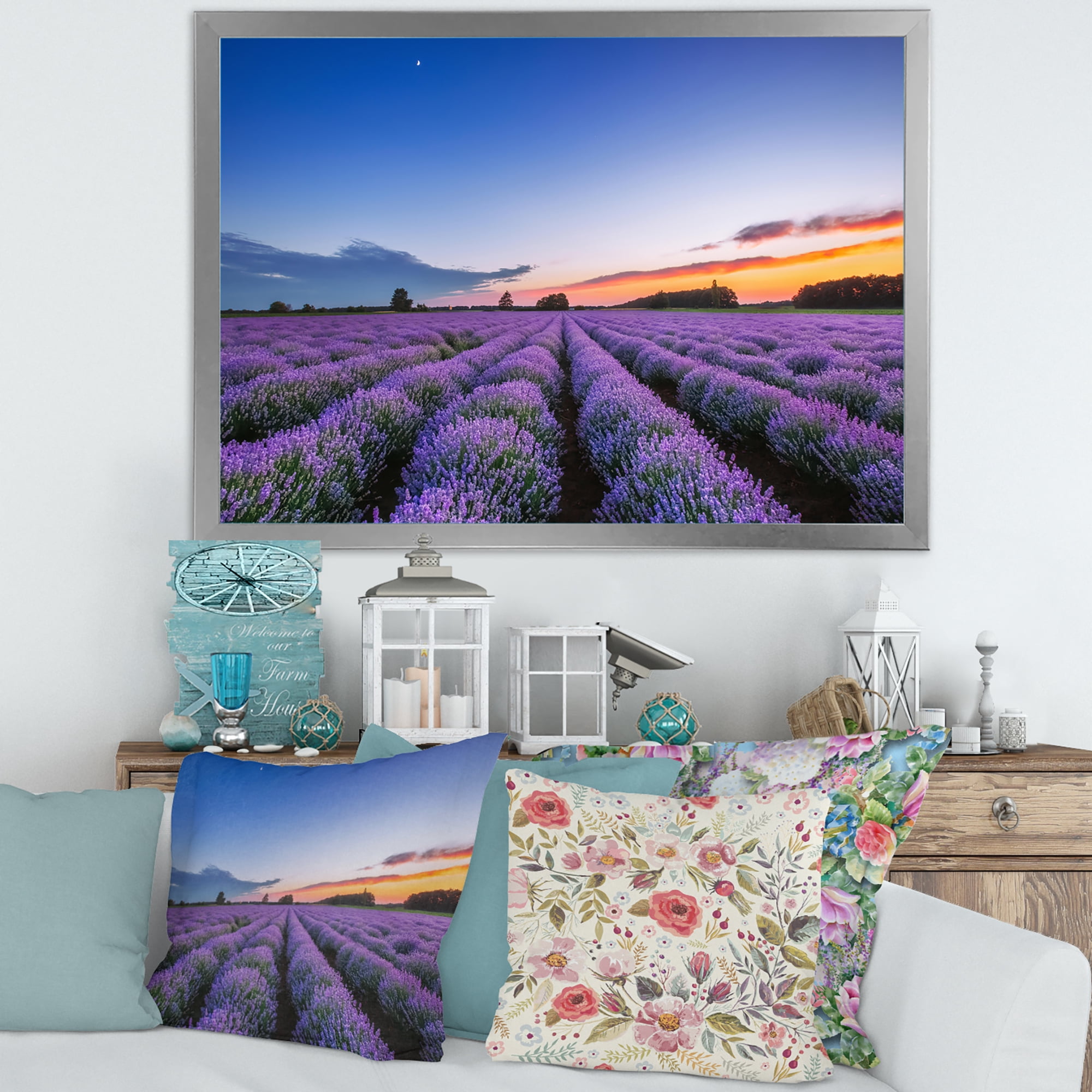 Designart 'Dramatic Clouds and Sunrise Over Lavender Field I' Farmhouse Framed Art Print