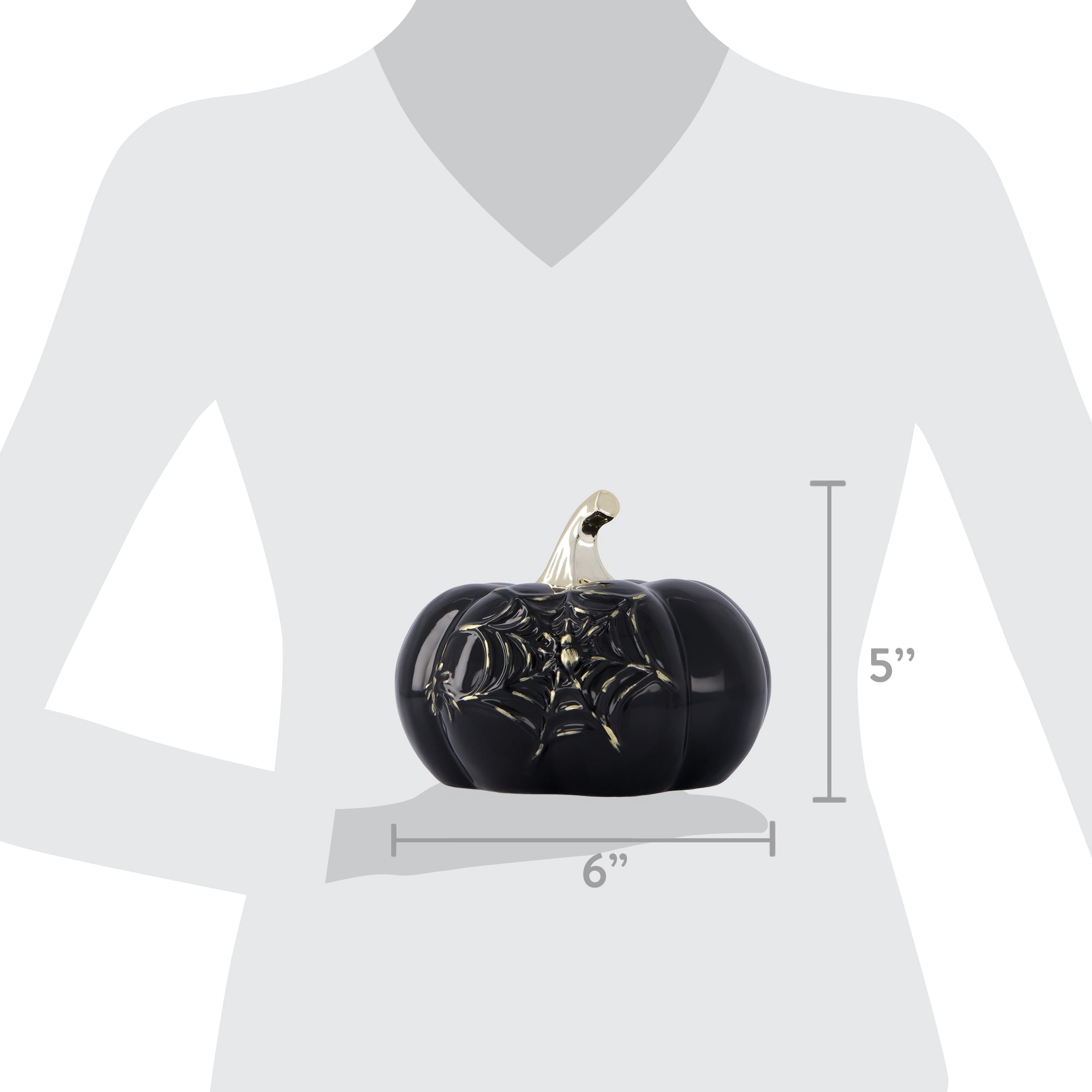 My Texas House Halloween Small Stoneware Spiderweb Pumpkin Tabletop Decoration, Black and Gold, 5"