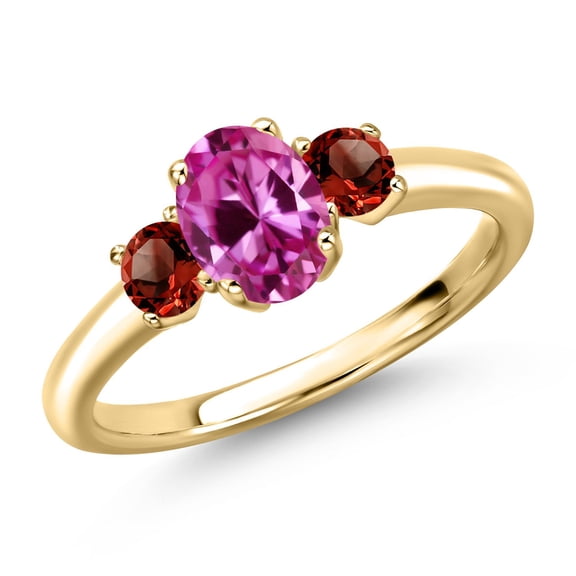 Gem Stone King 10K Yellow Gold Pink Created Sapphire and Red Garnet Engagement Ring for Women | 1.30 Cttw | Oval 7X5MM | Gemstone September Birthstone | Size 5