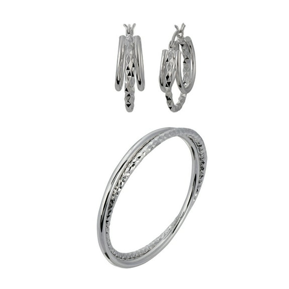 Sterling Silver Multi Hoop Earrings and Stacking Bangle Bracelet with Diamond Cut Set