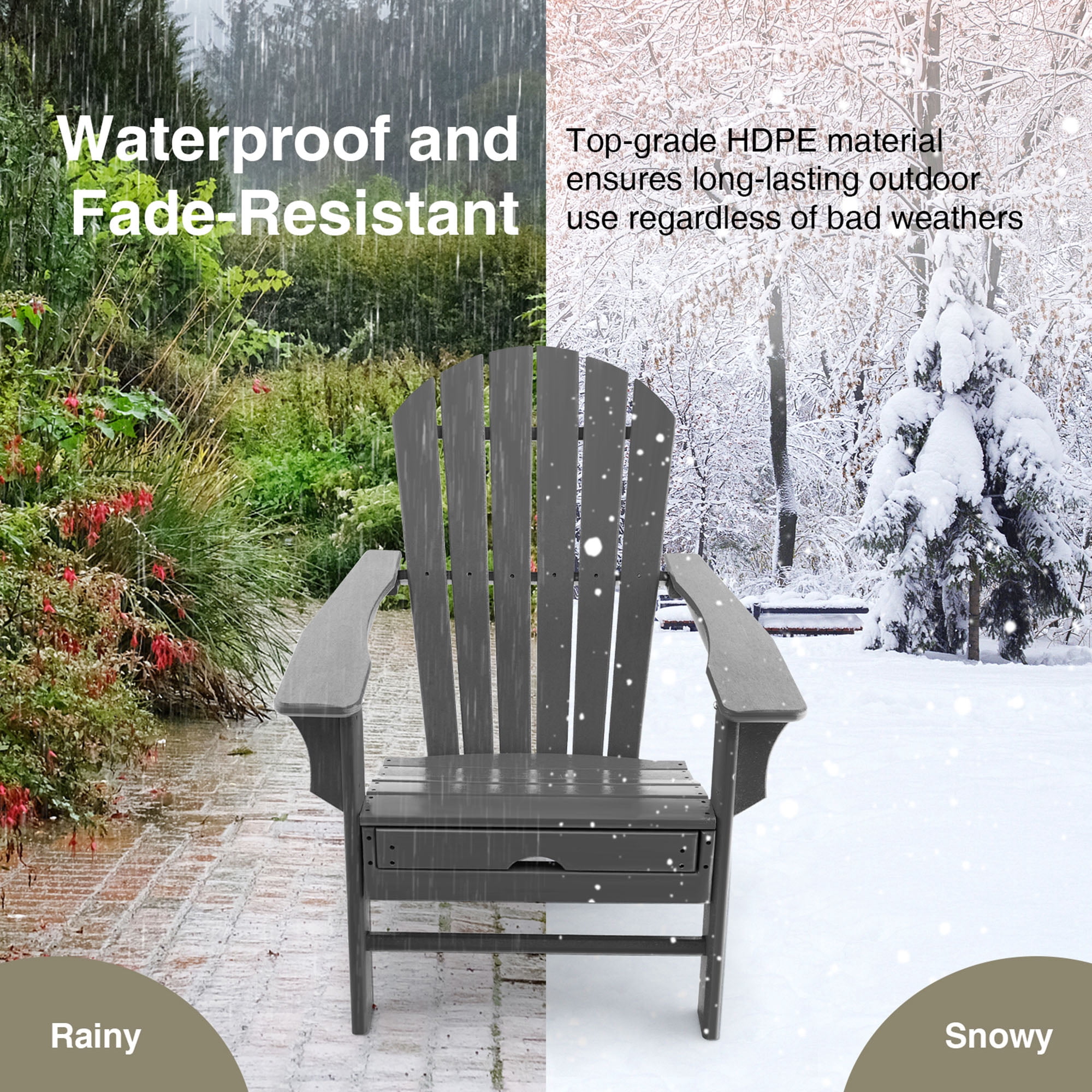 Gymax Patio Adirondack Chair HDPE Outdoor Lounge Chair w/ Retractable Ottoman Grey