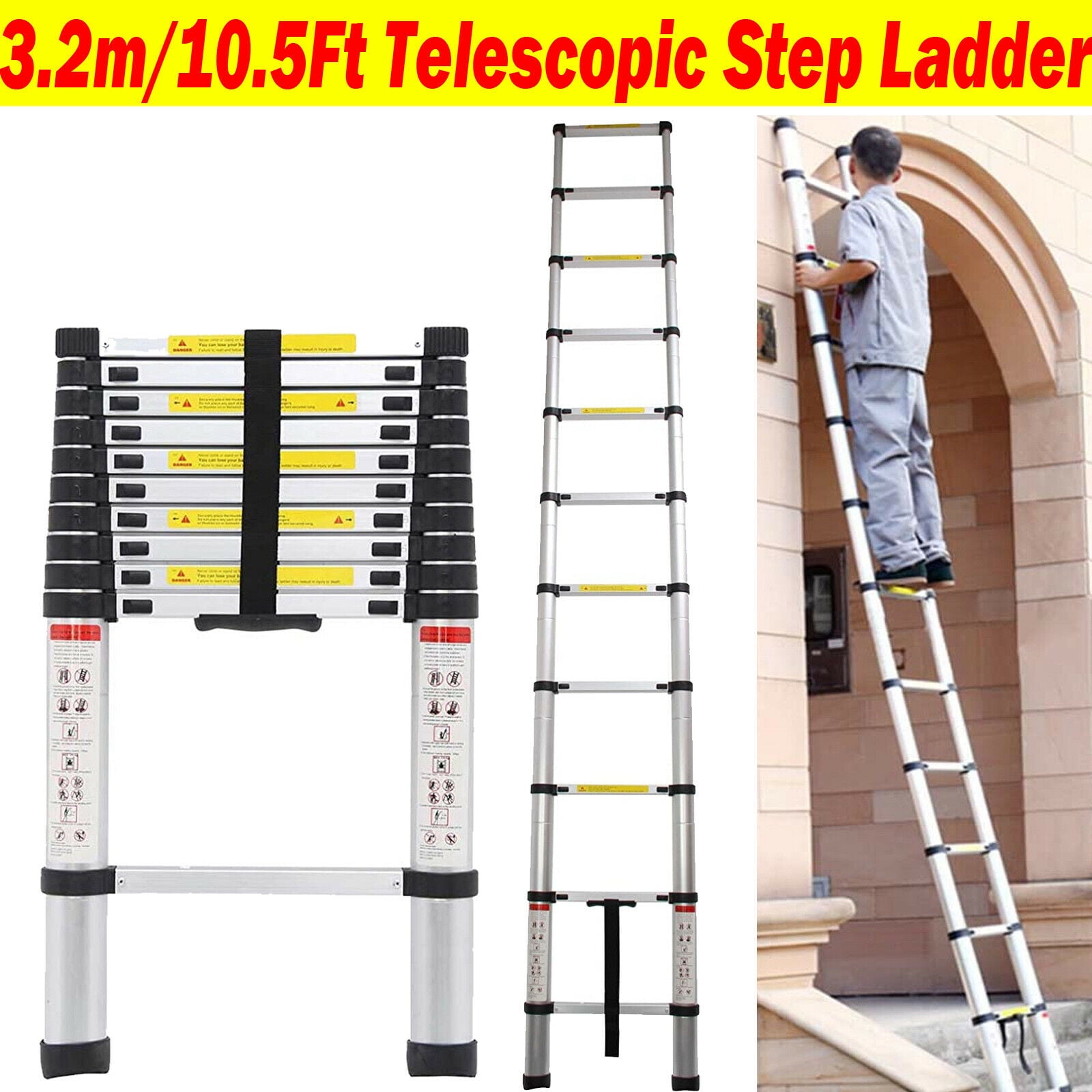 3.8M Telescopic Step Ladder Collapsed Adjustable Extension Lock Upstairs Hallway 