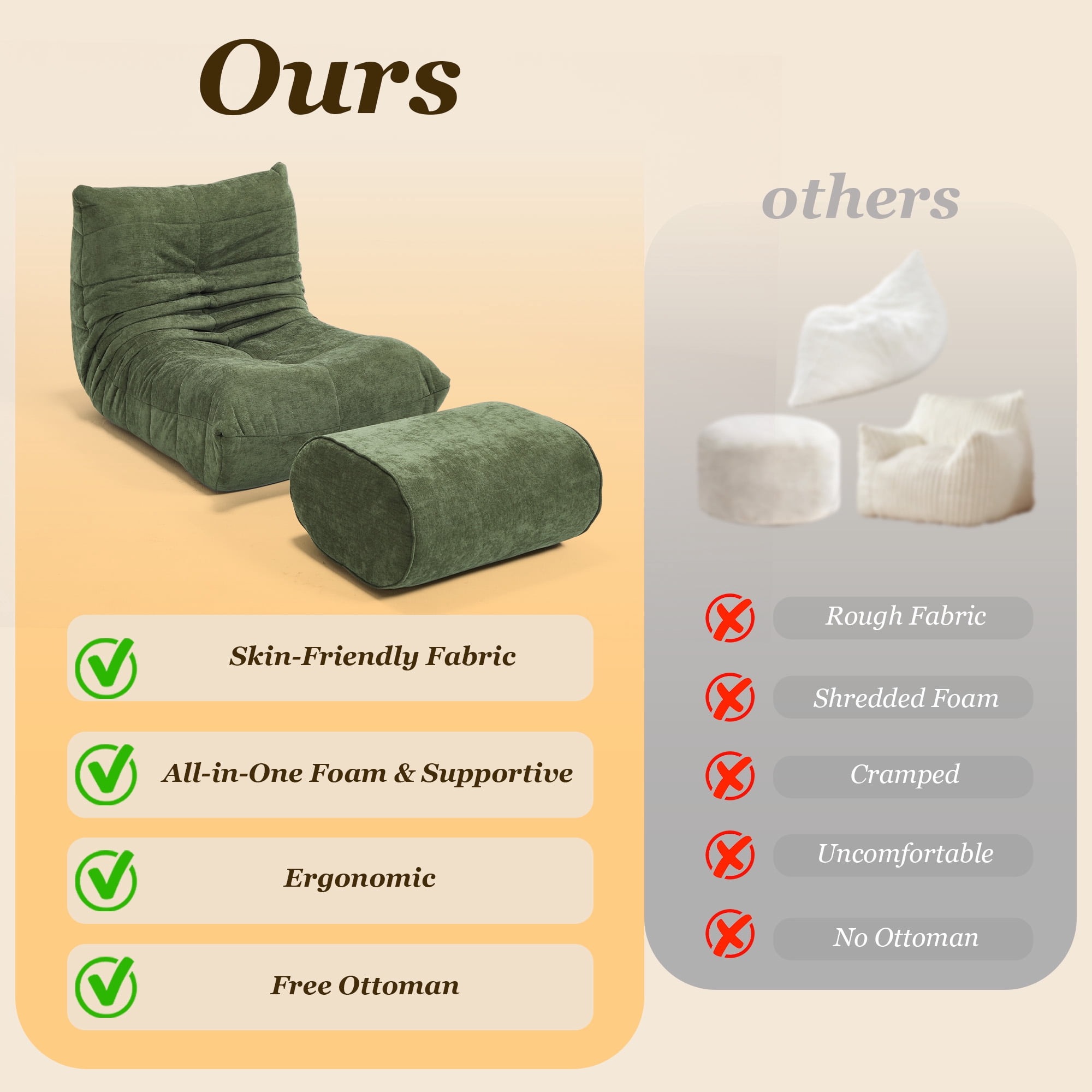 MOONMISS Chenille Fabric Chaise Lounge Chair with Ottoman, Ergonomic Lazy Sofa for Adults, Soft Cloud Couch for Living Room, Bedroom, Green