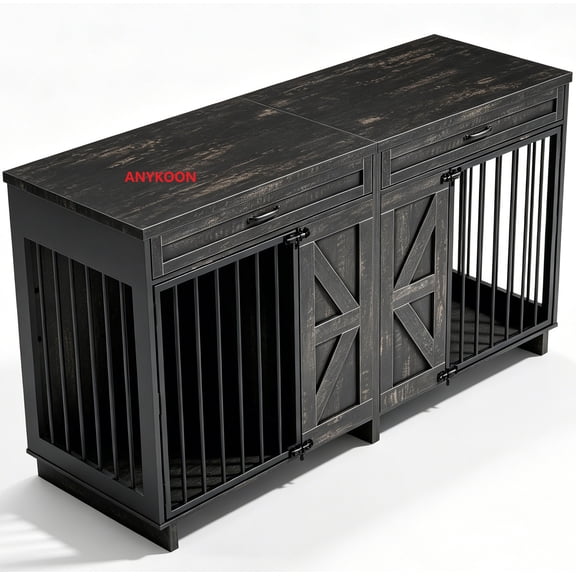 Anykoon Dog Crate Furniture TV Stand, 2-in-1 Wooden Dog Kennel with Storage Drawers